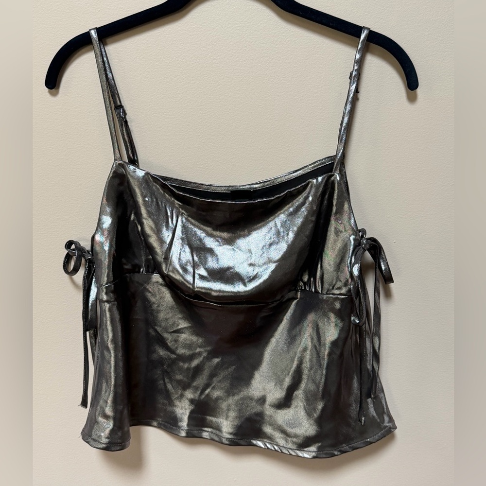 New Wild Fable Metallic Silver Satin Tank Top with Side Ties Bows Size Medium